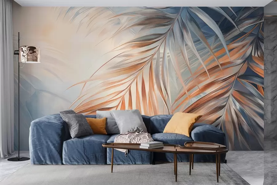 Fototapety Palmové listy v oranžových a modrých odtieňoch, svetlé textúrované pozadie s jemnými farbami, elegantný tropický štýl w09475