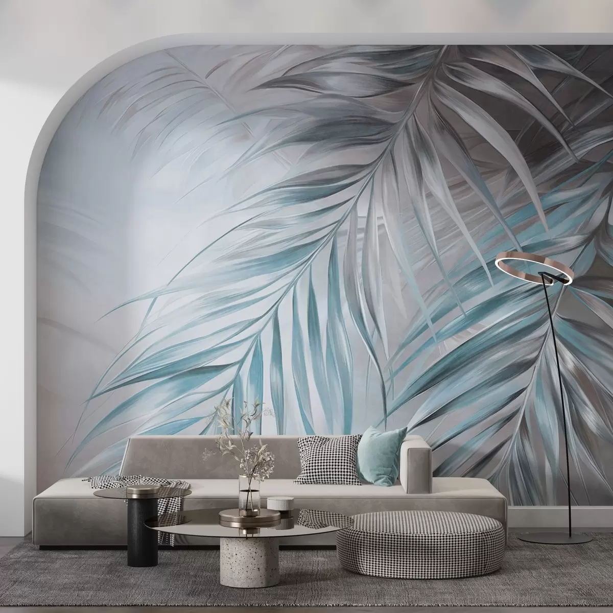 Fototapety Palmové listy v sivých a modrých odtieňoch, svetlé textúrované pozadie s jemnými farbami, elegantný tropický štýl w09475v1
