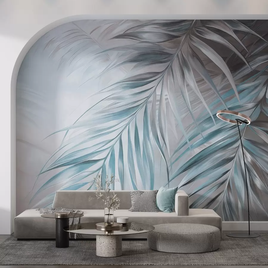 Fototapety Palmové listy v sivých a modrých odtieňoch, svetlé textúrované pozadie s jemnými farbami, elegantný tropický štýl w09475v1
