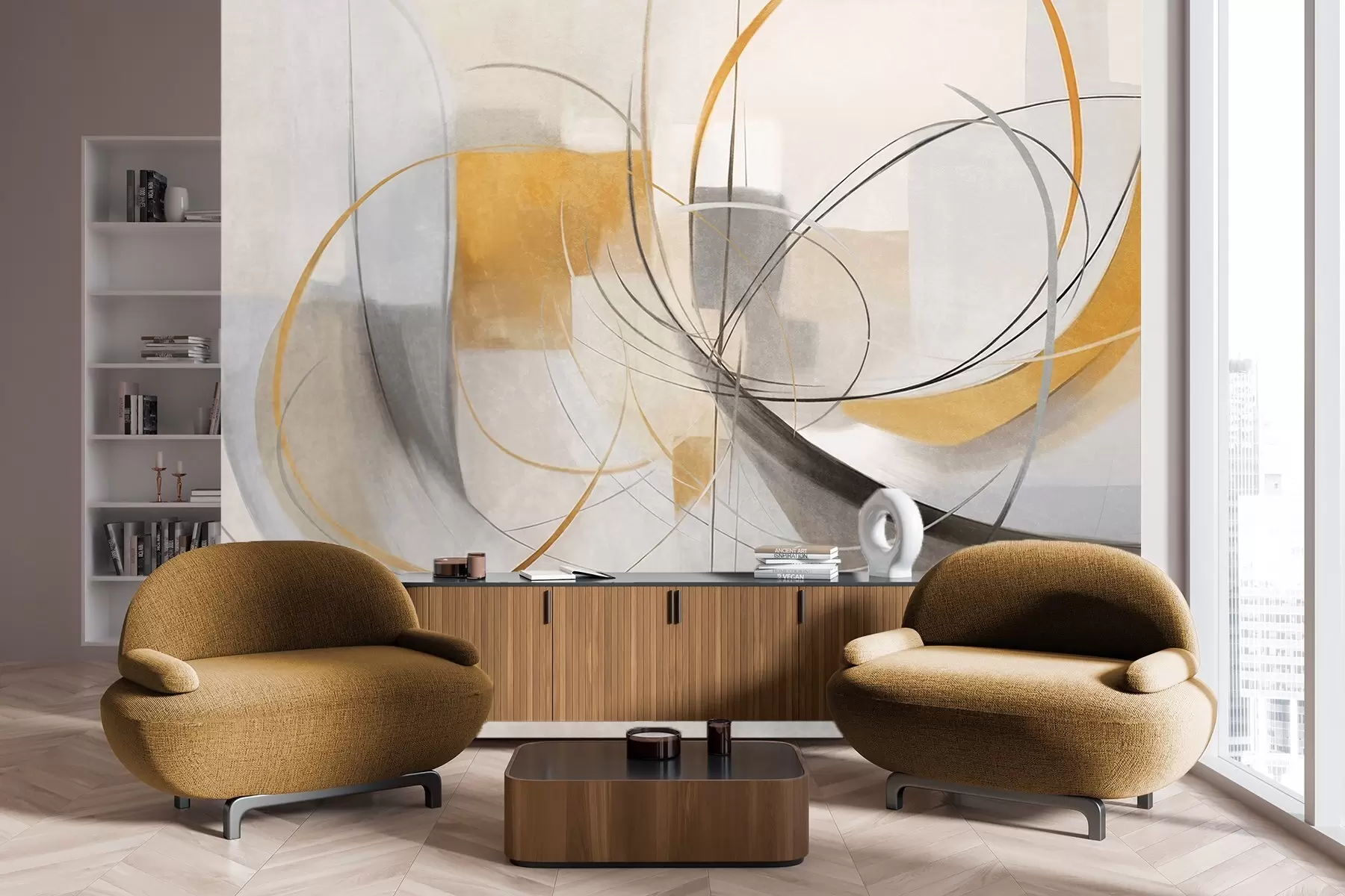 Fototapety Abstraktný textúrovaný moderný maliarsky štýl s zakrivenými líniami a geometrickými tvarmi v odtieňoch šedej, bielej a oranžovej farby w09476