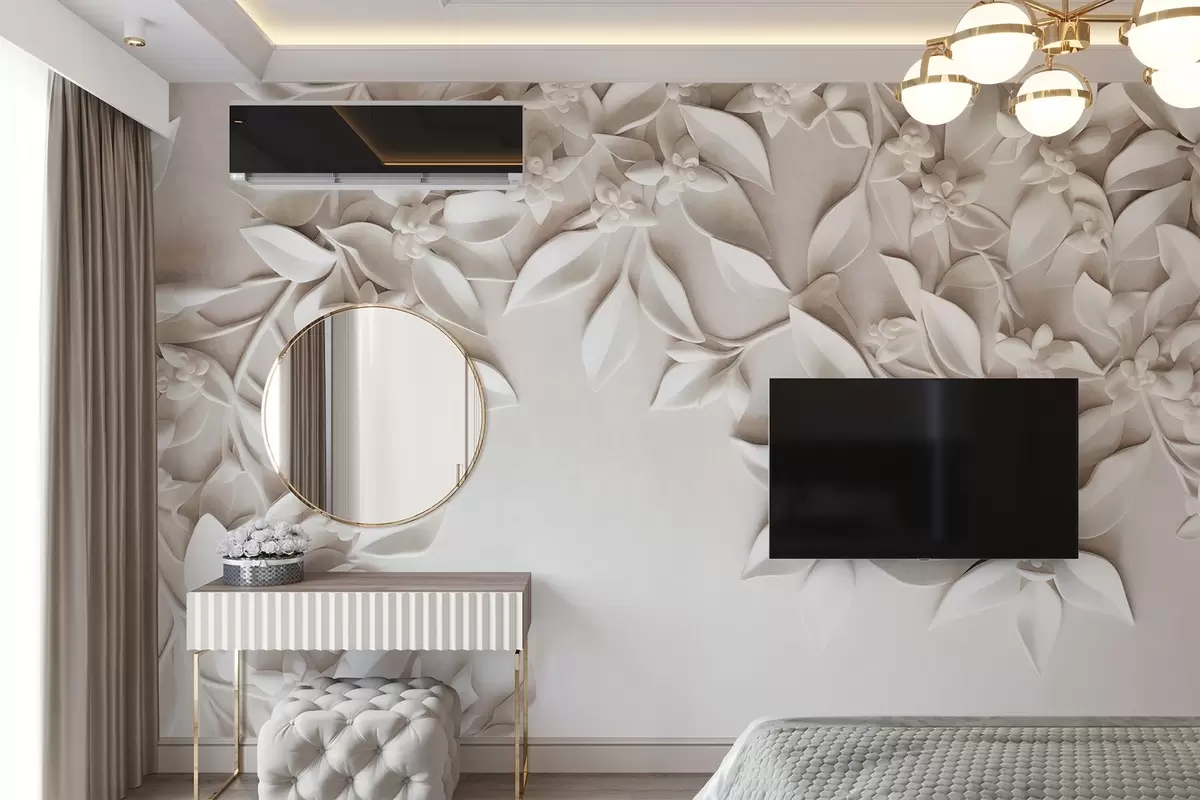 Fototapety Biele textúrované kvety a listy, kvetinová výzdoba, elegantný dizajn, minimalistický štýl, dekoratívne umenie w09479