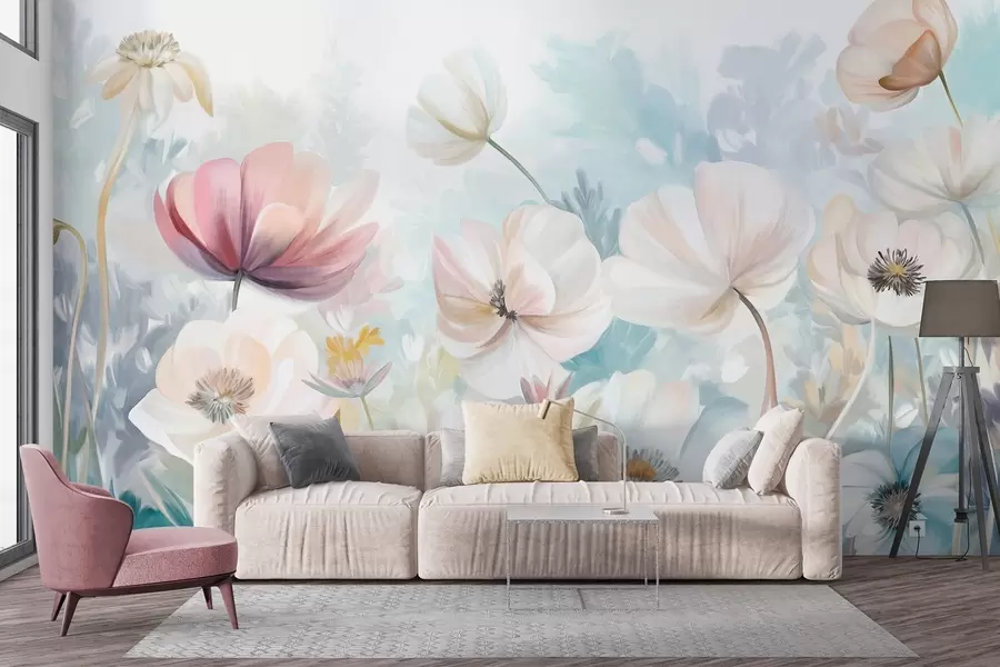 Fototapety Pole pastelových kvetov s jemnými okvetnými lístkami, mäkkými zelenými listami, v snovom štýle akvarelu s textúrou w09481