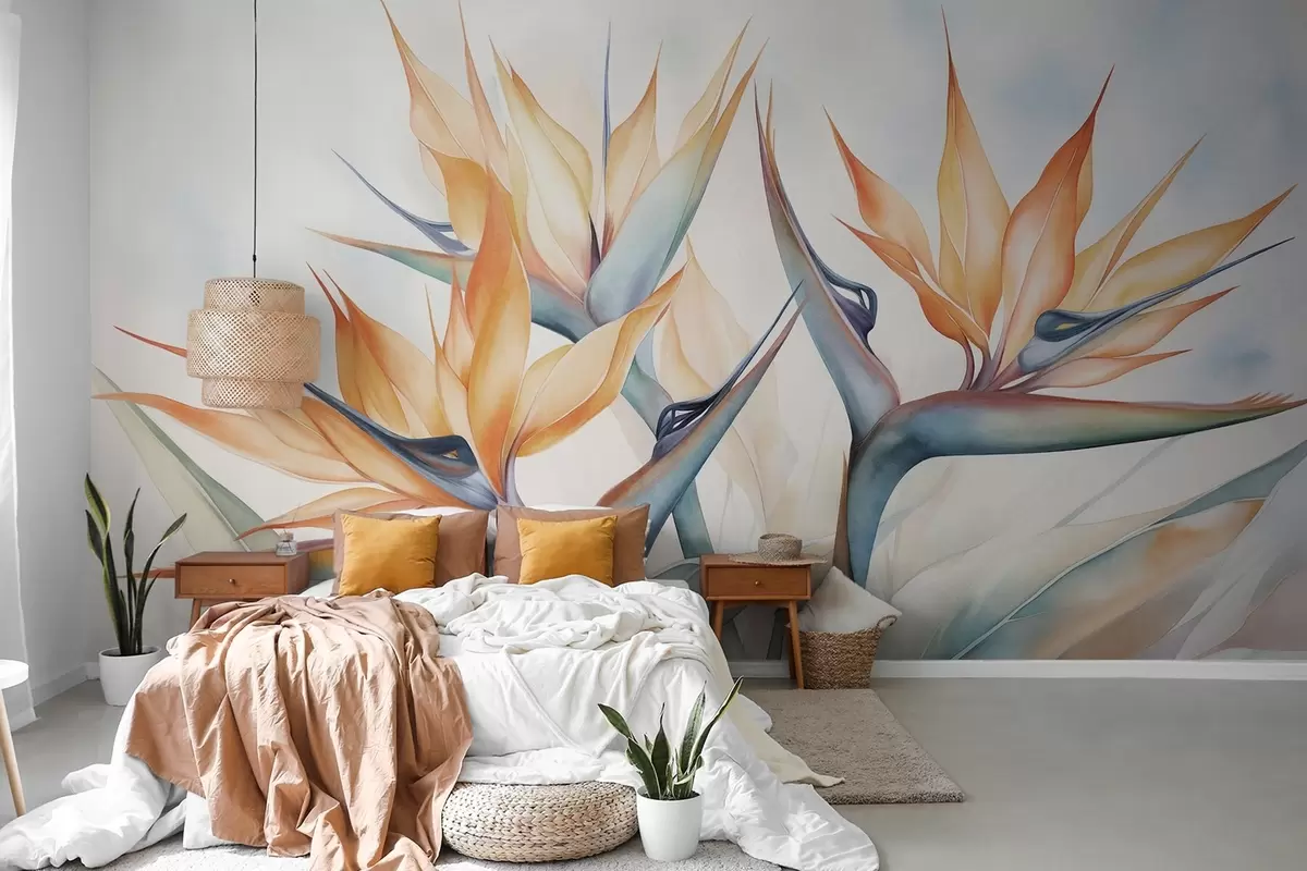 Fototapety Kvetina rajského vtáka, strelitzia s oranžovými okvetnými lístkami, jemný akvarelový štýl, svetlé pozadie w09483