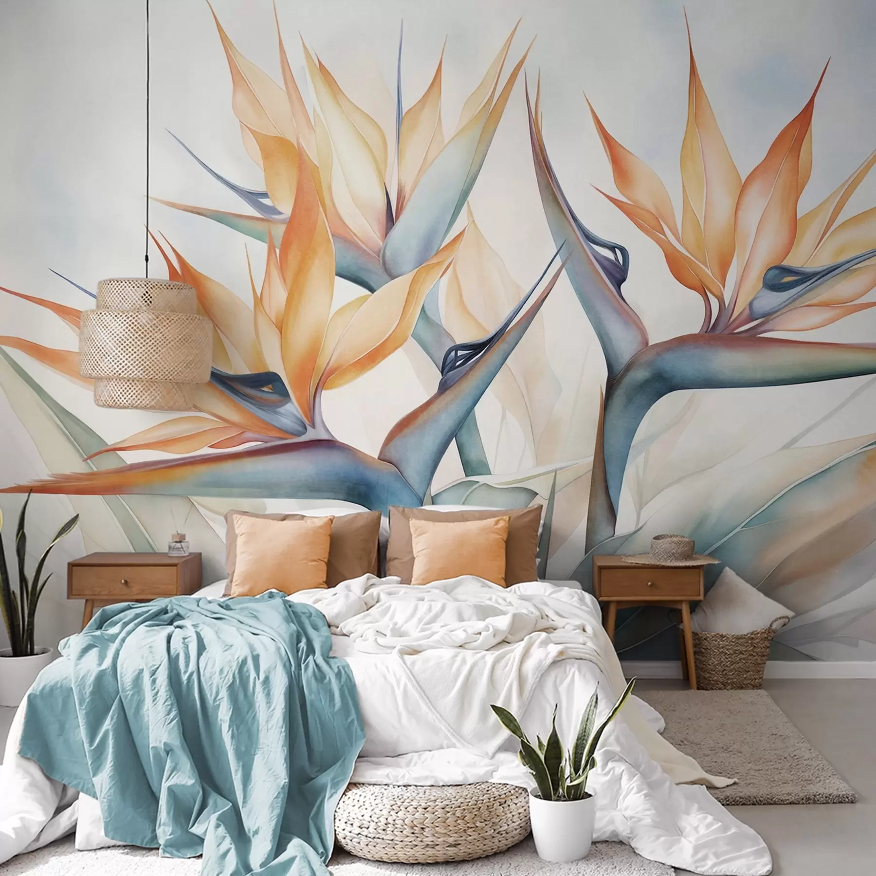 Fototapety Kvetina rajského vtáka, strelitzia s oranžovými okvetnými lístkami, jemný akvarelový štýl, svetlé pozadie w09483