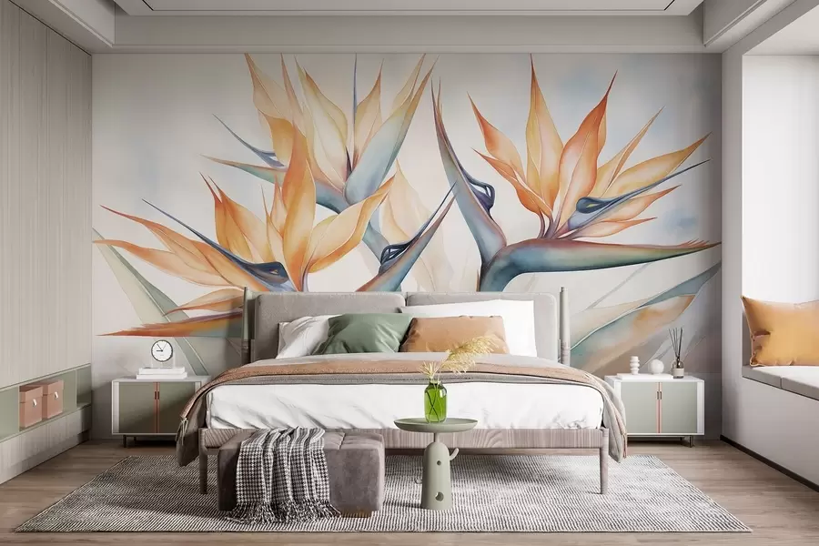 Fototapety Kvetina rajského vtáka, strelitzia s oranžovými okvetnými lístkami, jemný akvarelový štýl, svetlé pozadie w09483