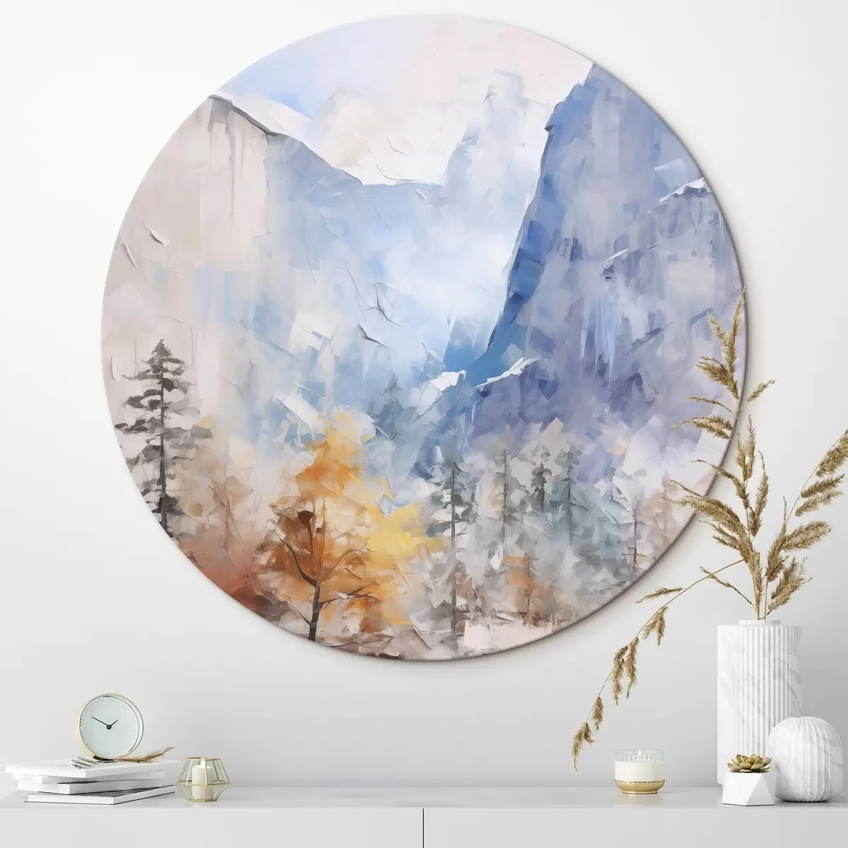 Okrúhle obrazy Abstraktná krajina lesa pred horami r46298