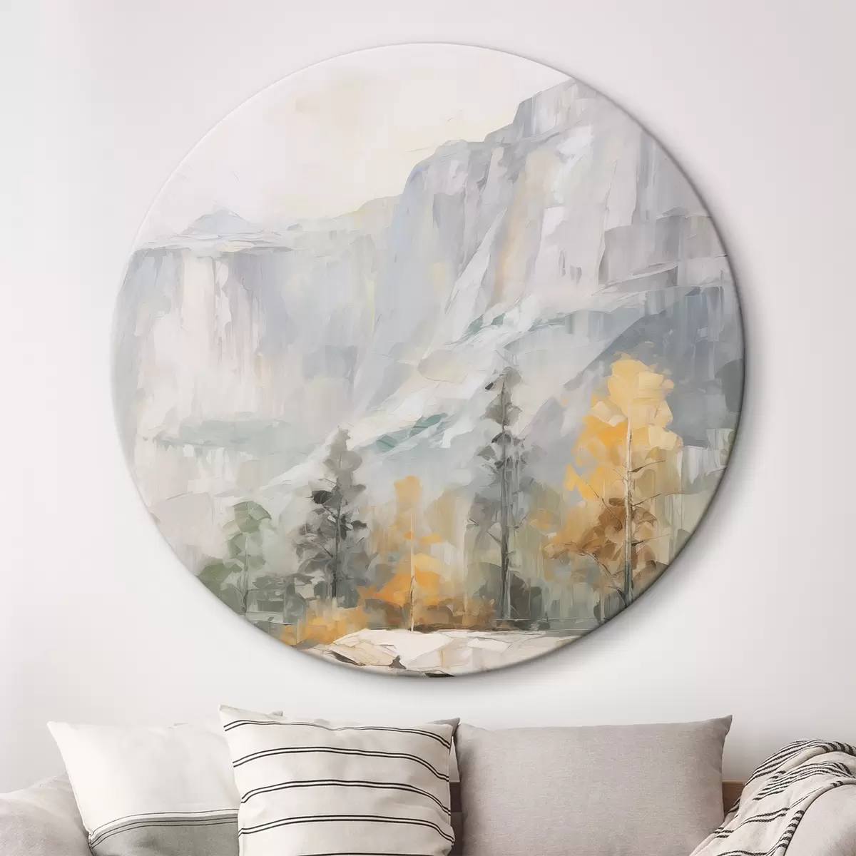 Okrúhle obrazy Krajina lesa pred horami, imitácia maľby r46299