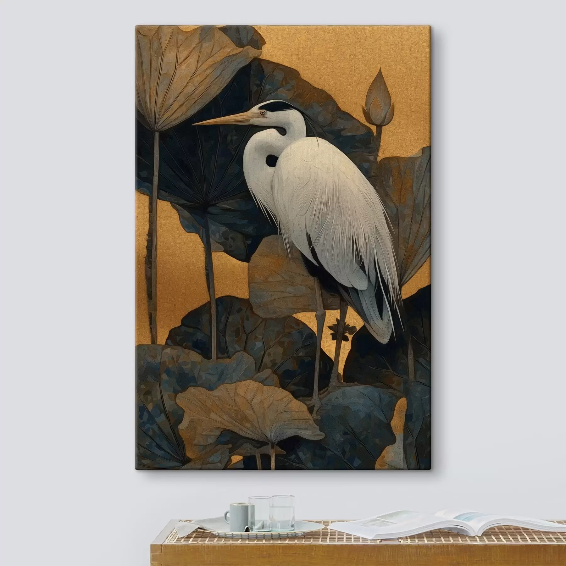 Obraz Biela volavka medzi veľkými listami na teplom pozadí s46147