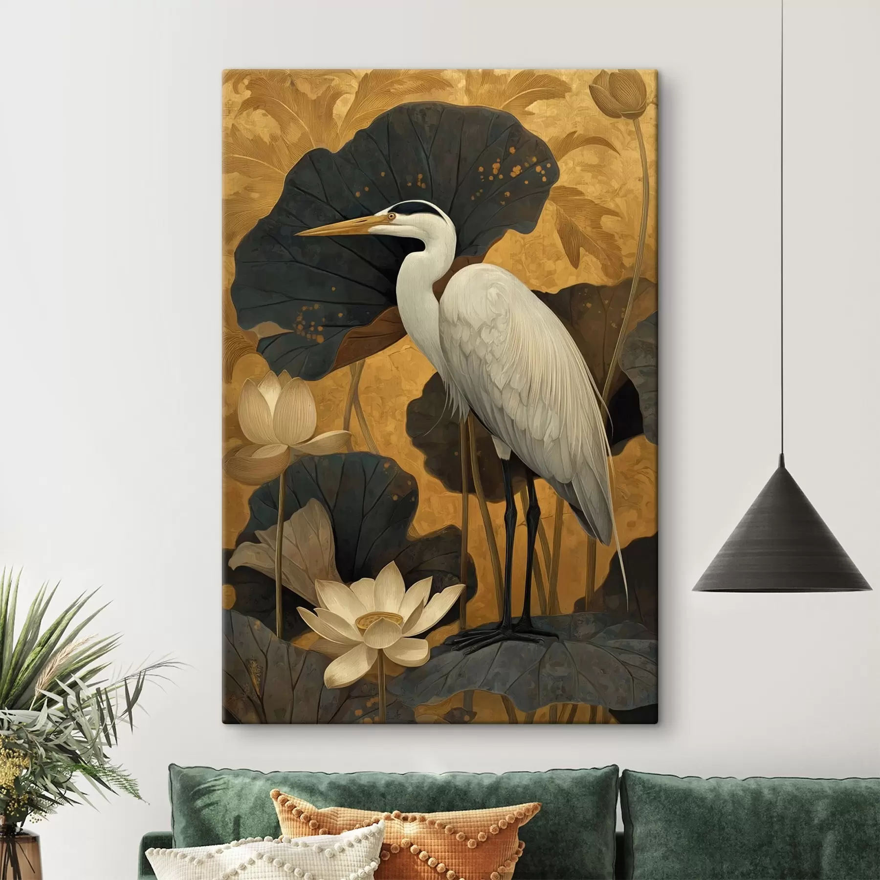 Obraz Volavka medzi lotosmi na teplom pozadí s46148