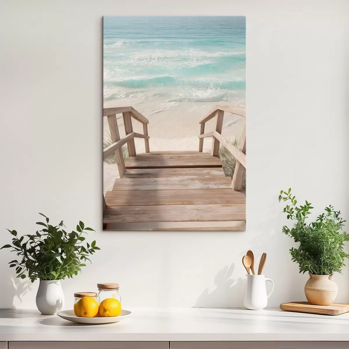 Obraz Drevené schody vedúce k tyrkysovej pláži s46163