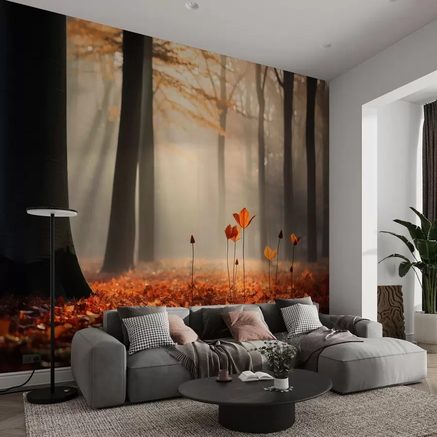Fototapety Jesenný les so slnečnými lúčmi a jasným lístím w04710