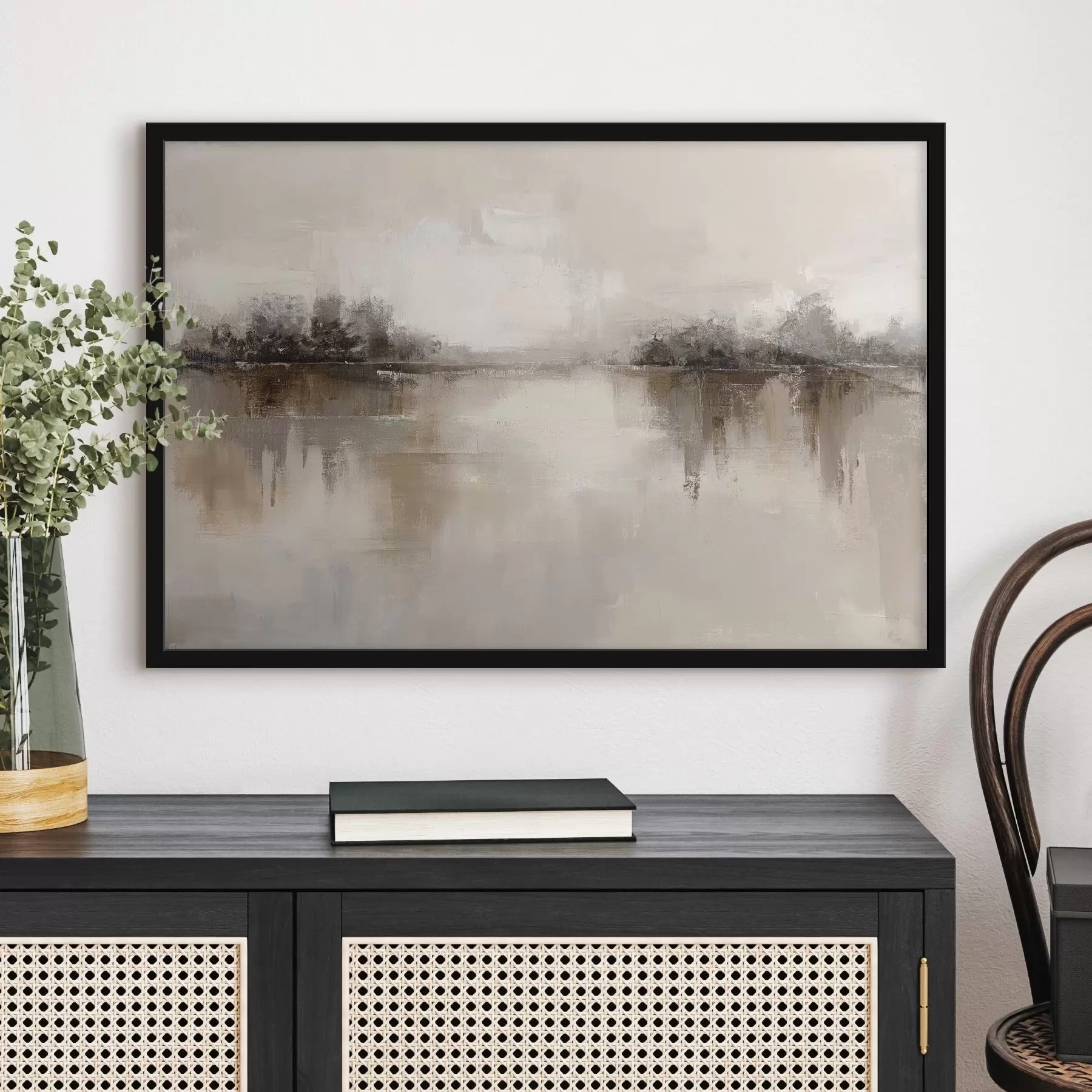 Fototapety Mäkká krajina s jazerom v teplých béžovo-sivých odtieňoch f46158 - Uwalls.sk Fototapety Mäkká krajina s jazerom v teplých béžovo-sivých odtieňoch f46158