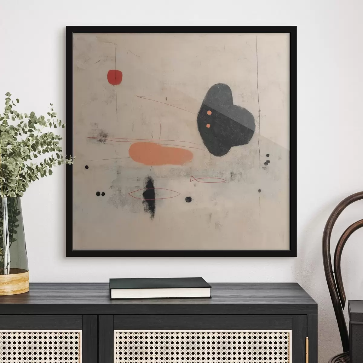 Plagáty Minimalistická abstraktná kresba s čiernymi a koralovými akcentmi f46159