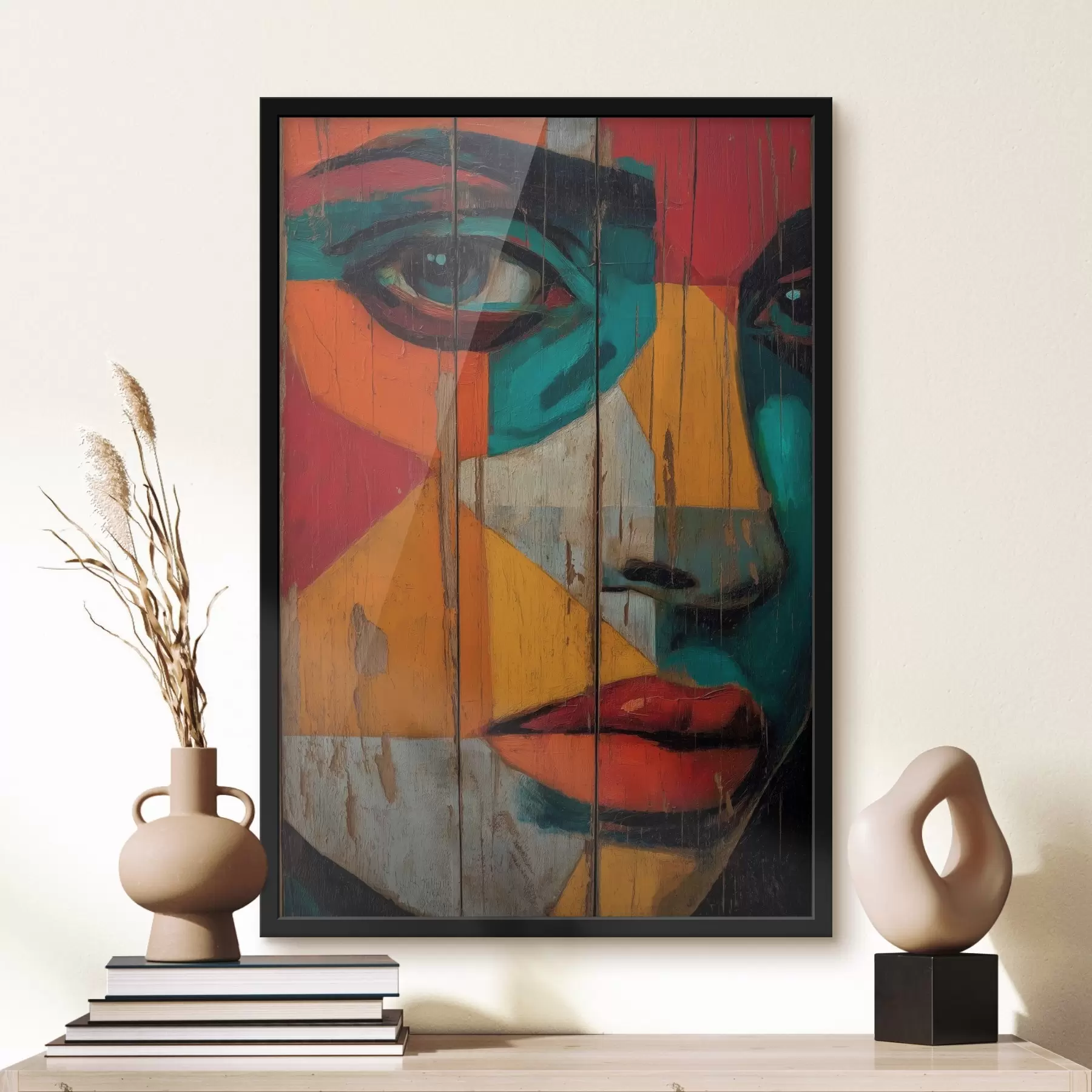 Fototapety Jasný geometrický portrét tváre na drevených doskách f46165