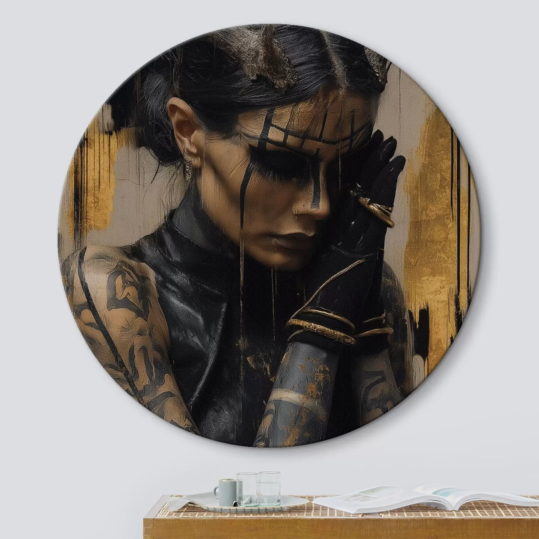 Obraz Žena s rohmi v tmavom vzhľade s čiernymi črtami na tvári r46144