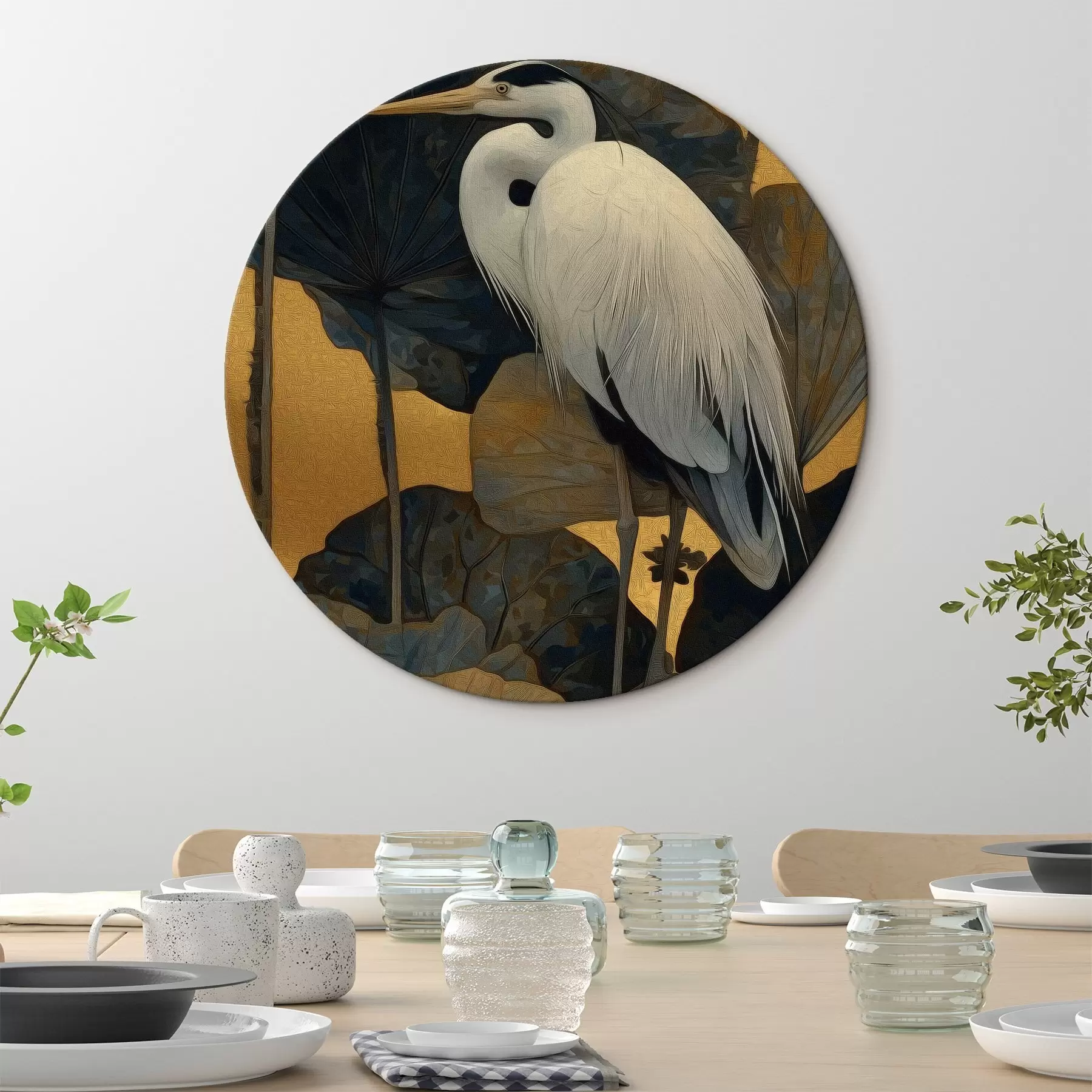 Obraz Biela volavka medzi veľkými listami na teplom pozadí r46147