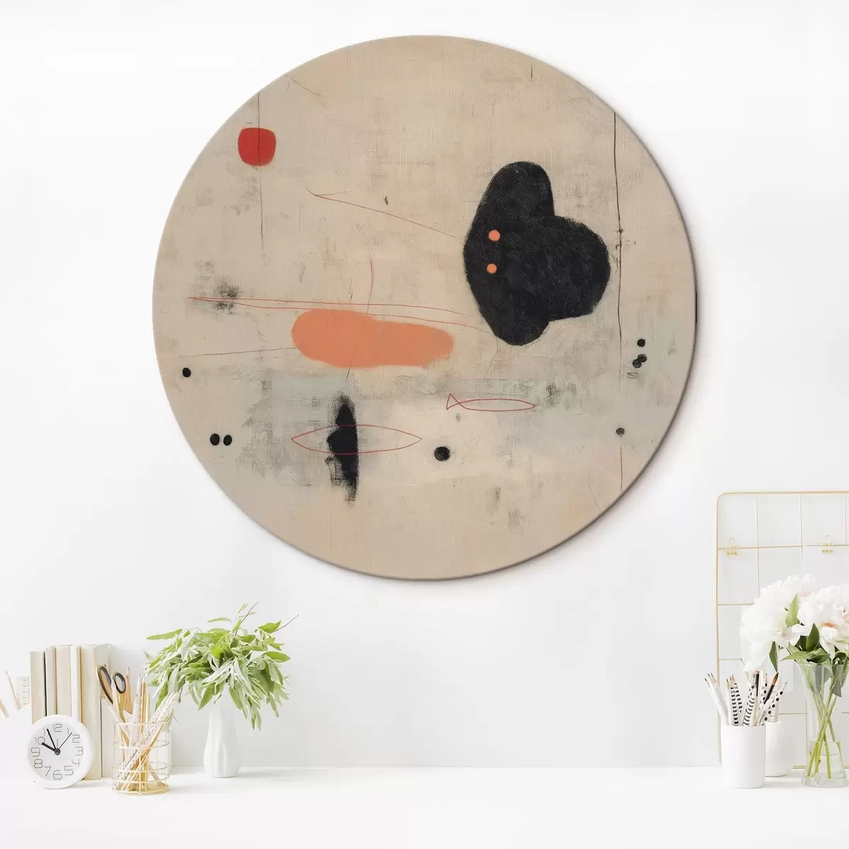 Okrúhle obrazy Minimalistická abstraktná kresba s čiernymi a koralovými akcentmi r46159 Okrúhle obrazy Minimalistická abstraktná kresba s čiernymi a koralovými akcentmi r46159