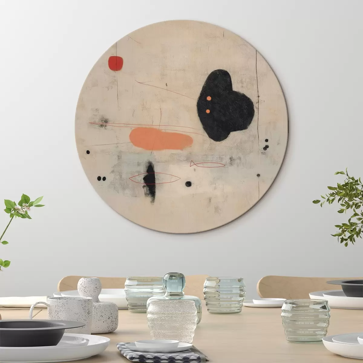 Okrúhle obrazy Minimalistická abstraktná kresba s čiernymi a koralovými akcentmi r46159