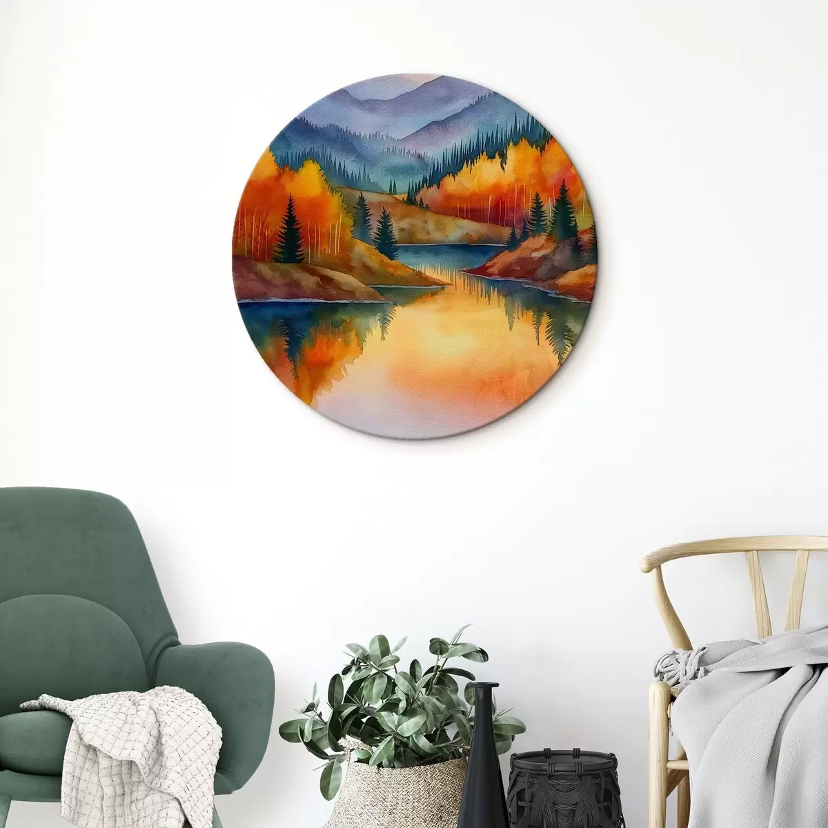 Okrúhle obrazy Jesenná krajina s horami odrážajúcimi sa v pokojnom jazere r46174 Okrúhle obrazy Jesenná krajina s horami odrážajúcimi sa v pokojnom jazere r46174