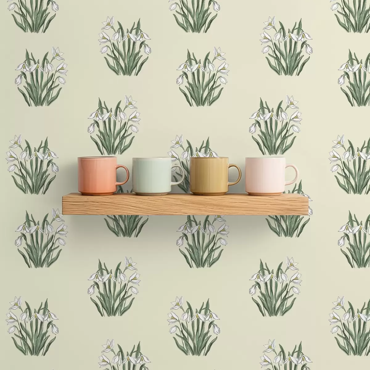 Tapety Snežienky so zelenými listami na krémovom pozadí a00651v2