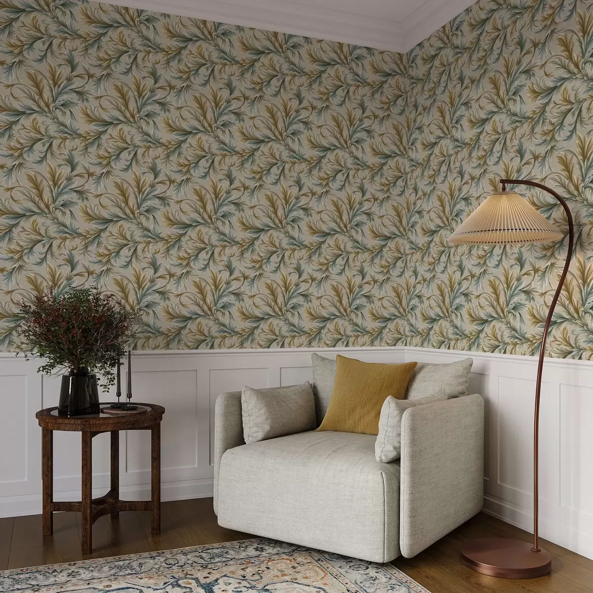 Tapety Objemné listy v pastelových odtieňoch zelenej a béžovej farby a00674