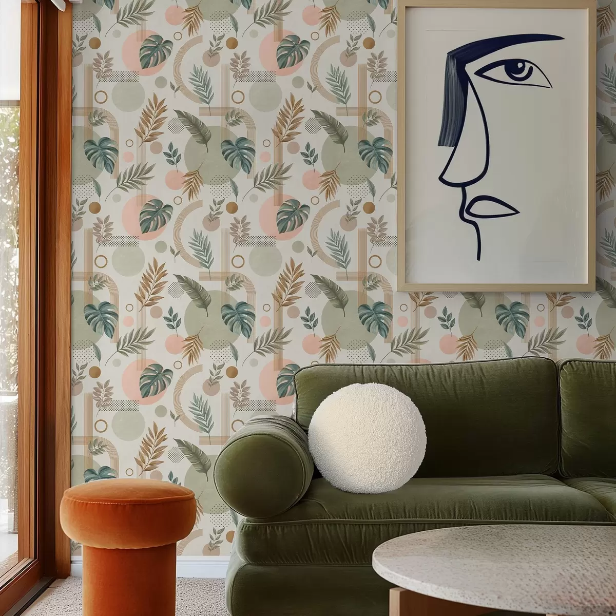 Tapety Listy a geometrické tvary v pokojných teplých odtieňoch a00677