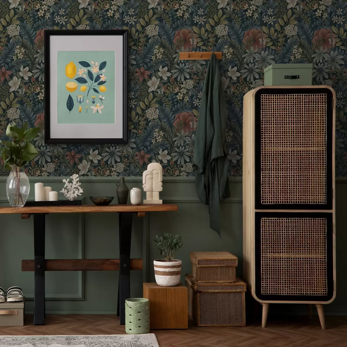 Tapety Tmavé pozadie s hustými kvetmi a listami v teplých tónoch a00678