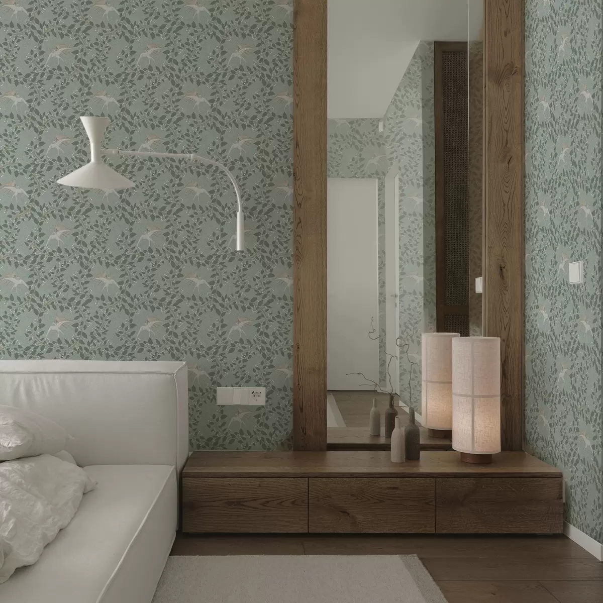 Tapety Vetvy s bielymi bobuľami a vtákmi na zelenom pozadí a00731