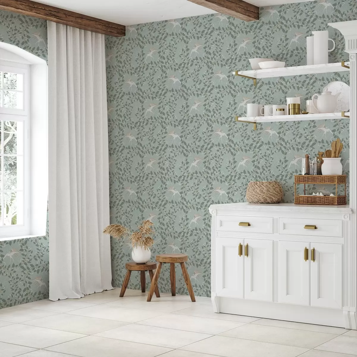 Tapety Vetvy s bielymi bobuľami a vtákmi na zelenom pozadí a00731