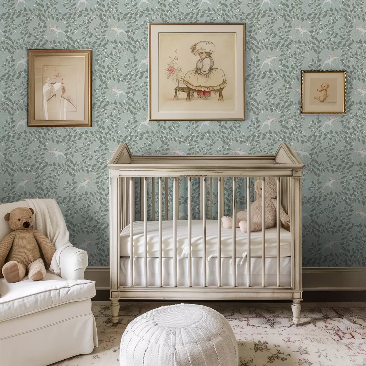 Tapety Vetvy s bielymi bobuľami a vtákmi na zelenom pozadí a00731