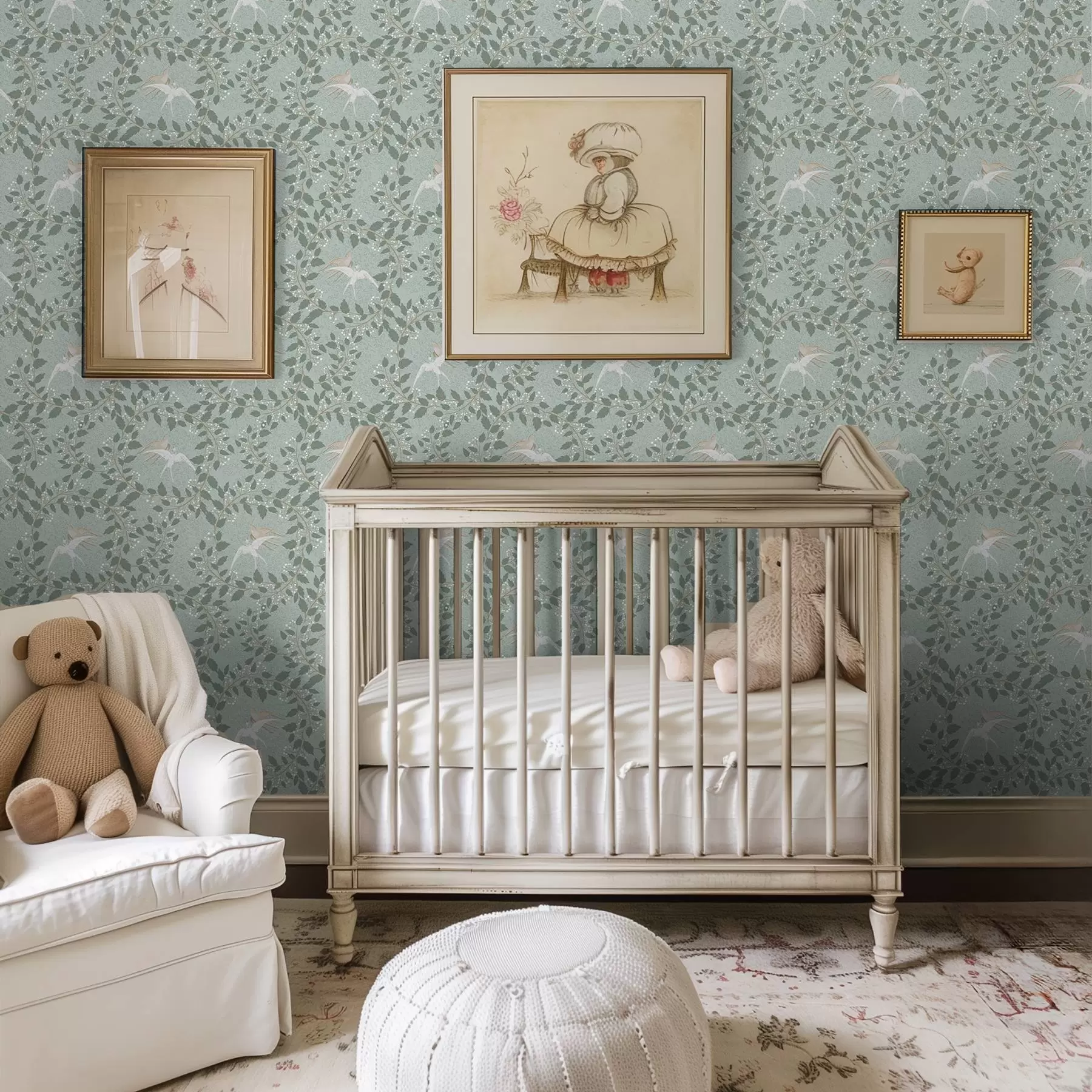 Fototapety Vetvy s bielymi bobuľami a vtákmi na zelenom pozadí a00731