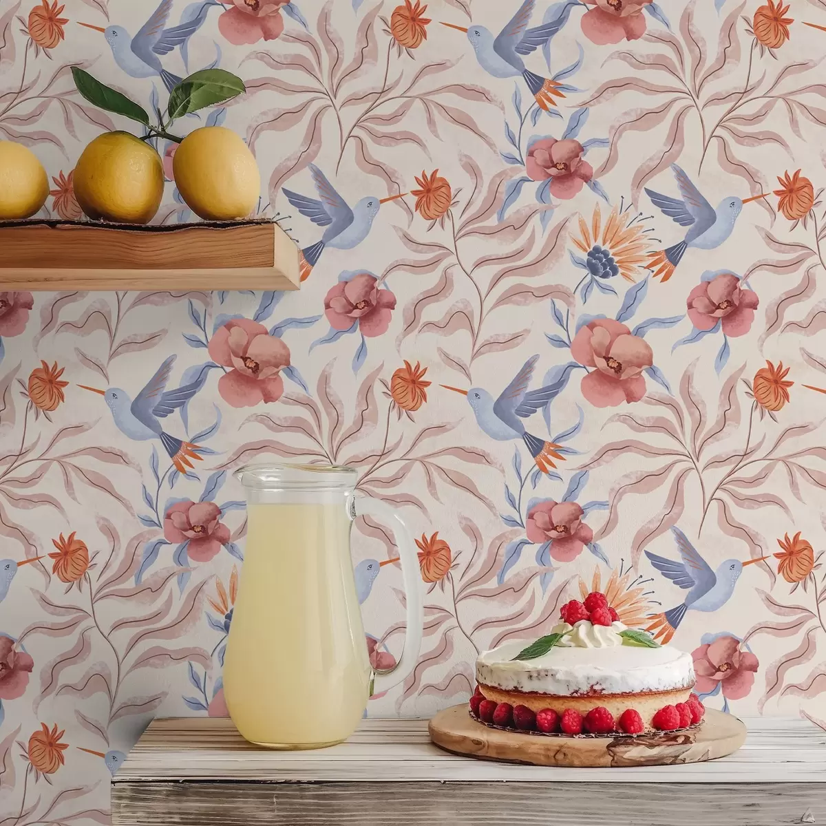 Tapety Kolibríky medzi veľkými kvetmi v ružových a modrých odtieňoch a00733