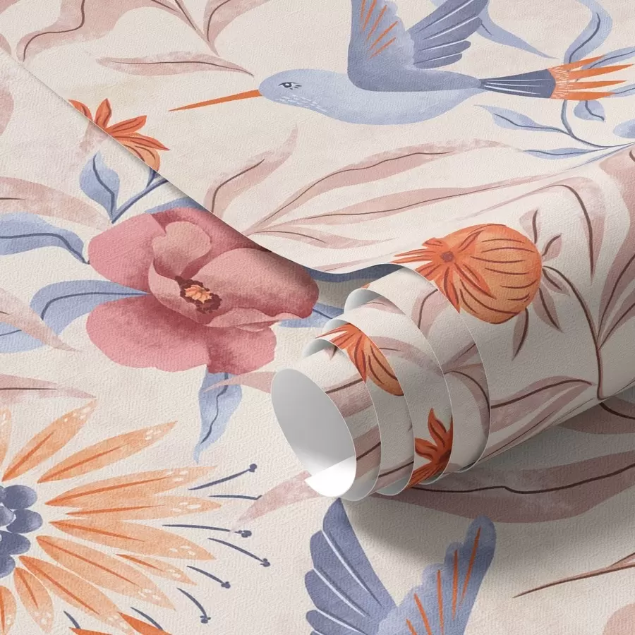 Fototapety Kolibríky medzi veľkými kvetmi v ružových a modrých odtieňoch a00733