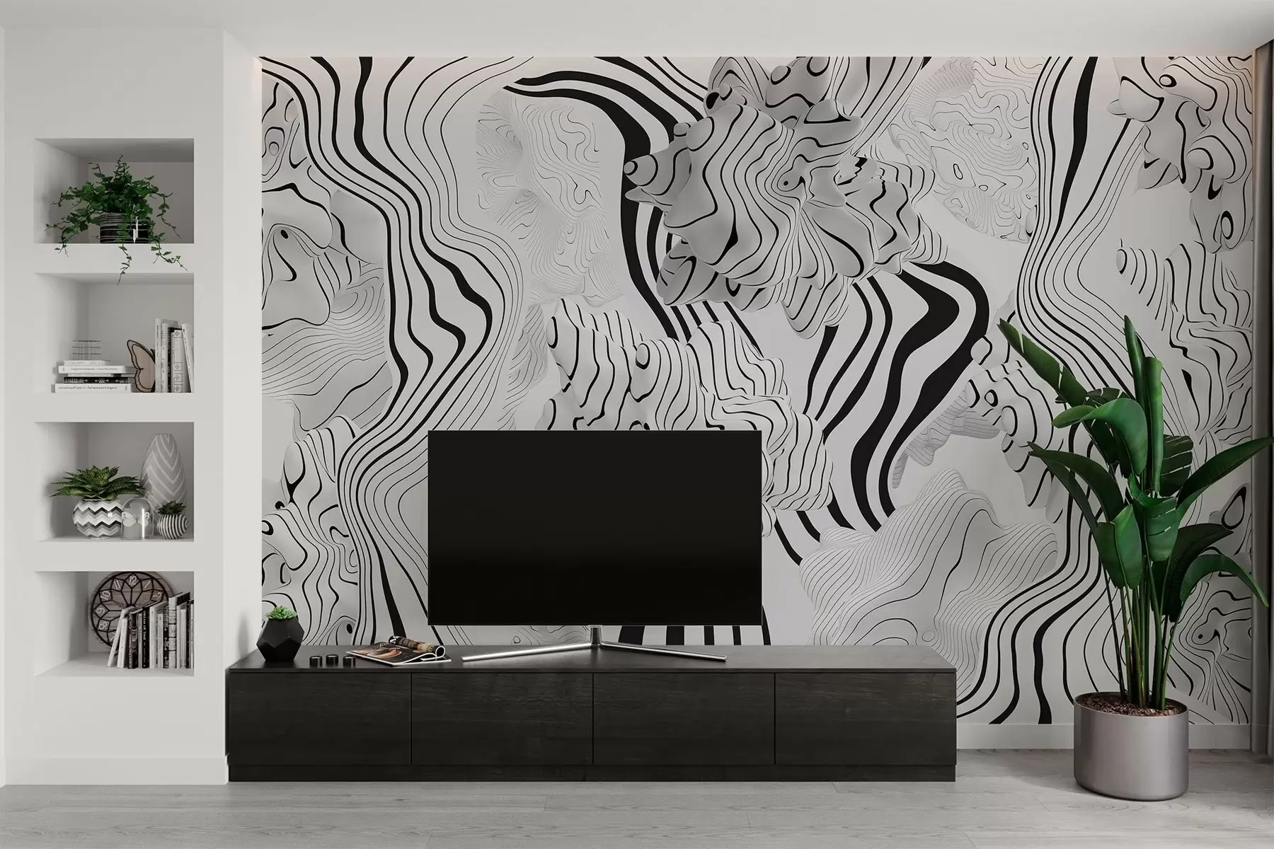 Fototapety abstraktné organické tvary v 3D štýle v bielych a sivých odtieňoch s čiernymi pruhmi w04627