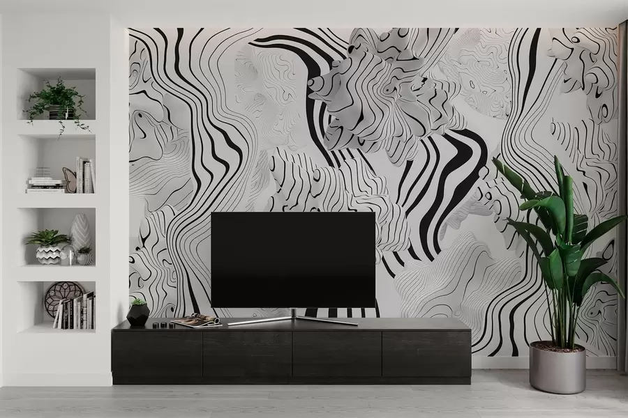 Fototapety abstraktné organické tvary v 3D štýle v bielych a sivých odtieňoch s čiernymi pruhmi w04627