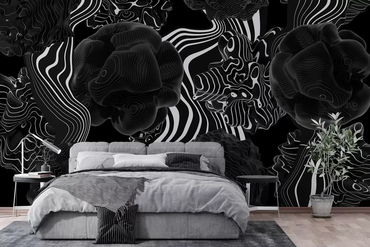 Fototapety abstraktné organické tvary v 3D štýle v čiernych odtieňoch s bielymi pruhmi w04628