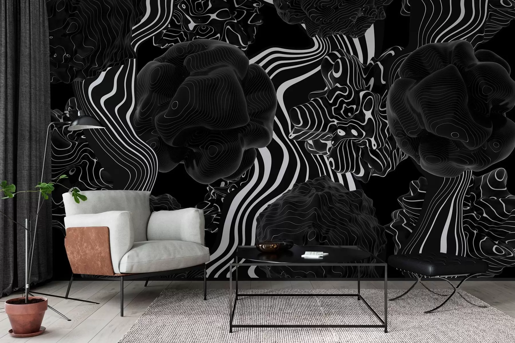 Fototapety abstraktné organické tvary v 3D štýle v čiernych odtieňoch s bielymi pruhmi w04628