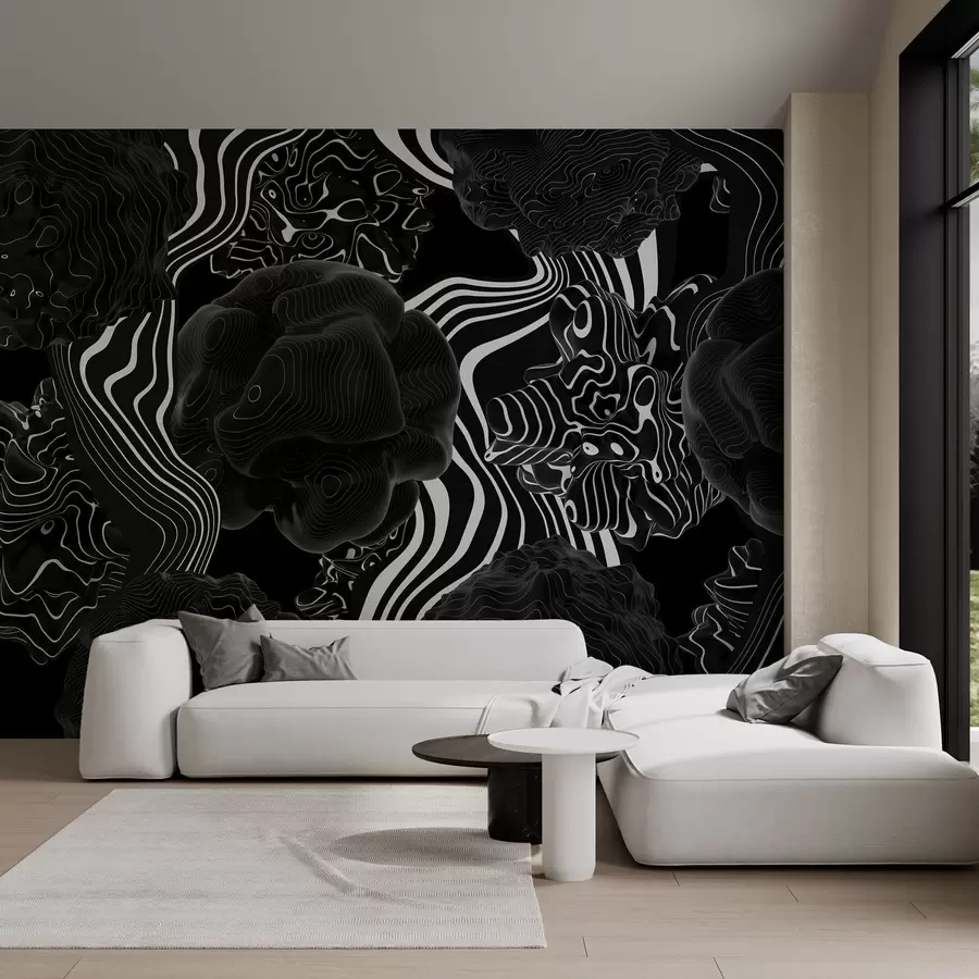 Fototapety abstraktné organické tvary v 3D štýle v čiernych odtieňoch s bielymi pruhmi w04628