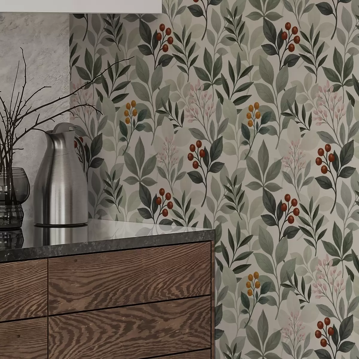 Tapety Listy s bobuľami, svetlé pozadie a00713