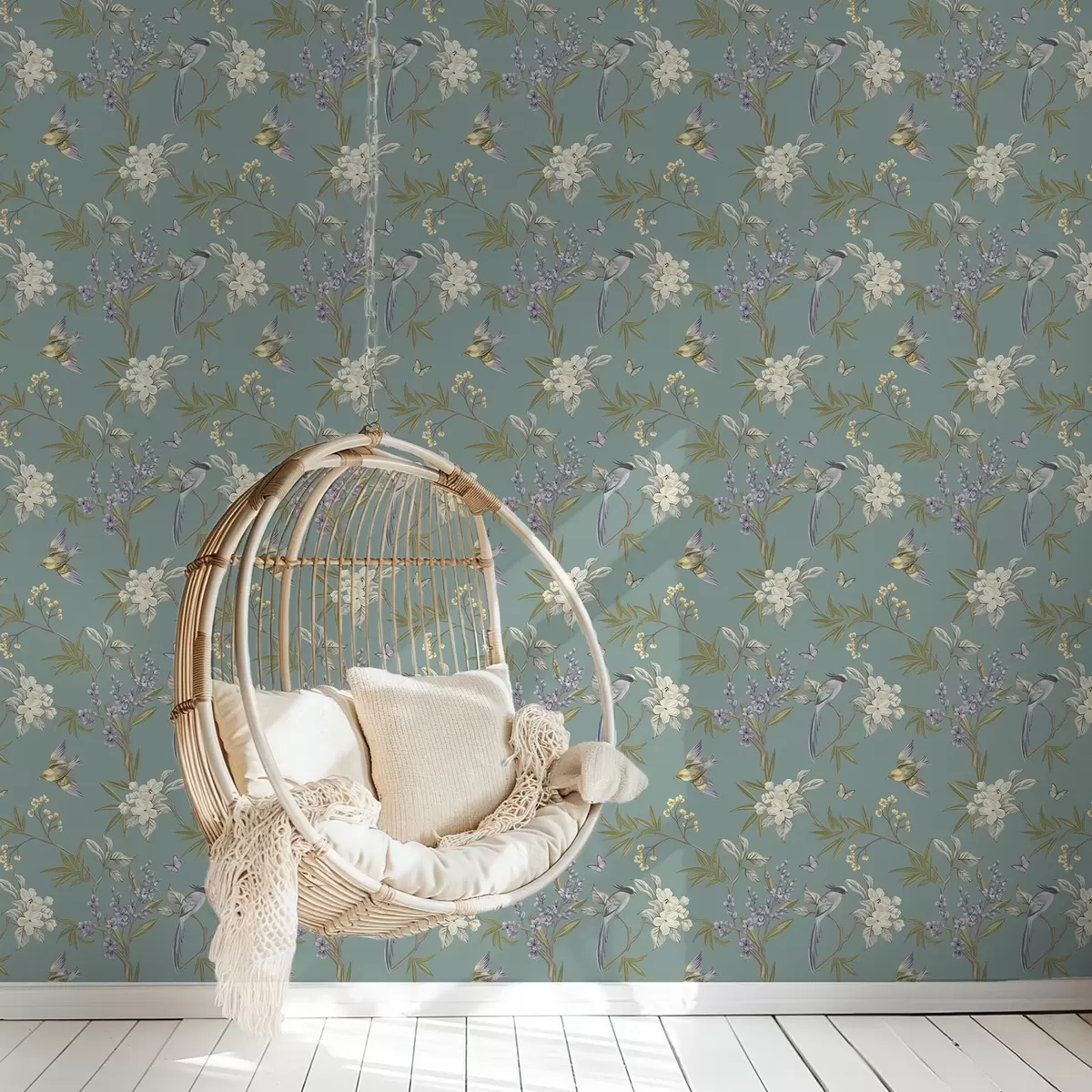 Tapety Vtáky, kvety a motýle na modro-sivom pozadí a00735