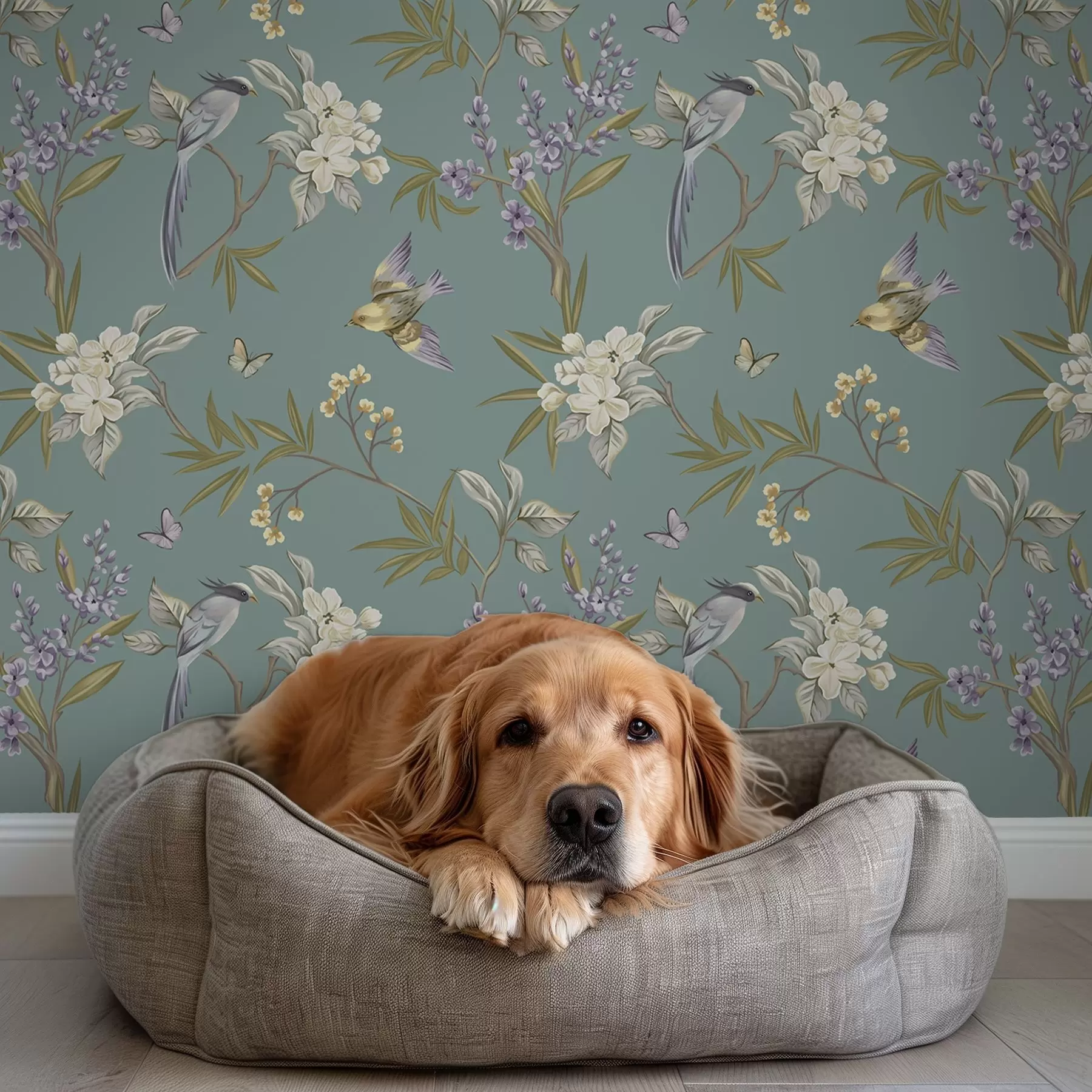 Fototapety Vtáky, kvety a motýle na modro-sivom pozadí a00735