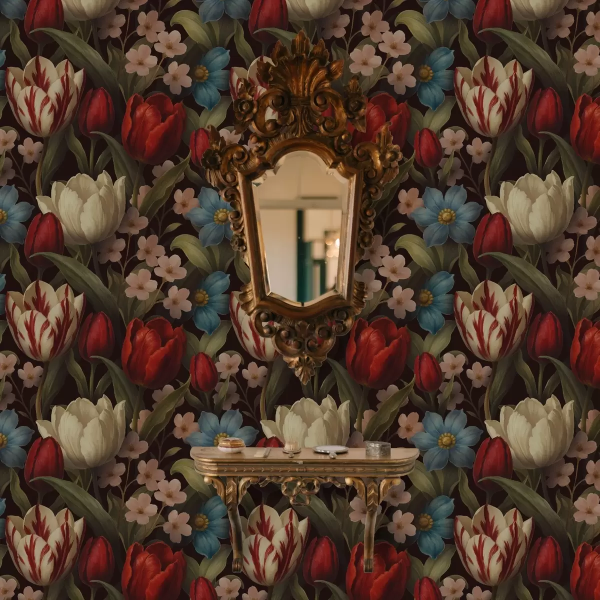 Tapety Svetlé tulipány a modré kvety na tmavom pozadí a00746