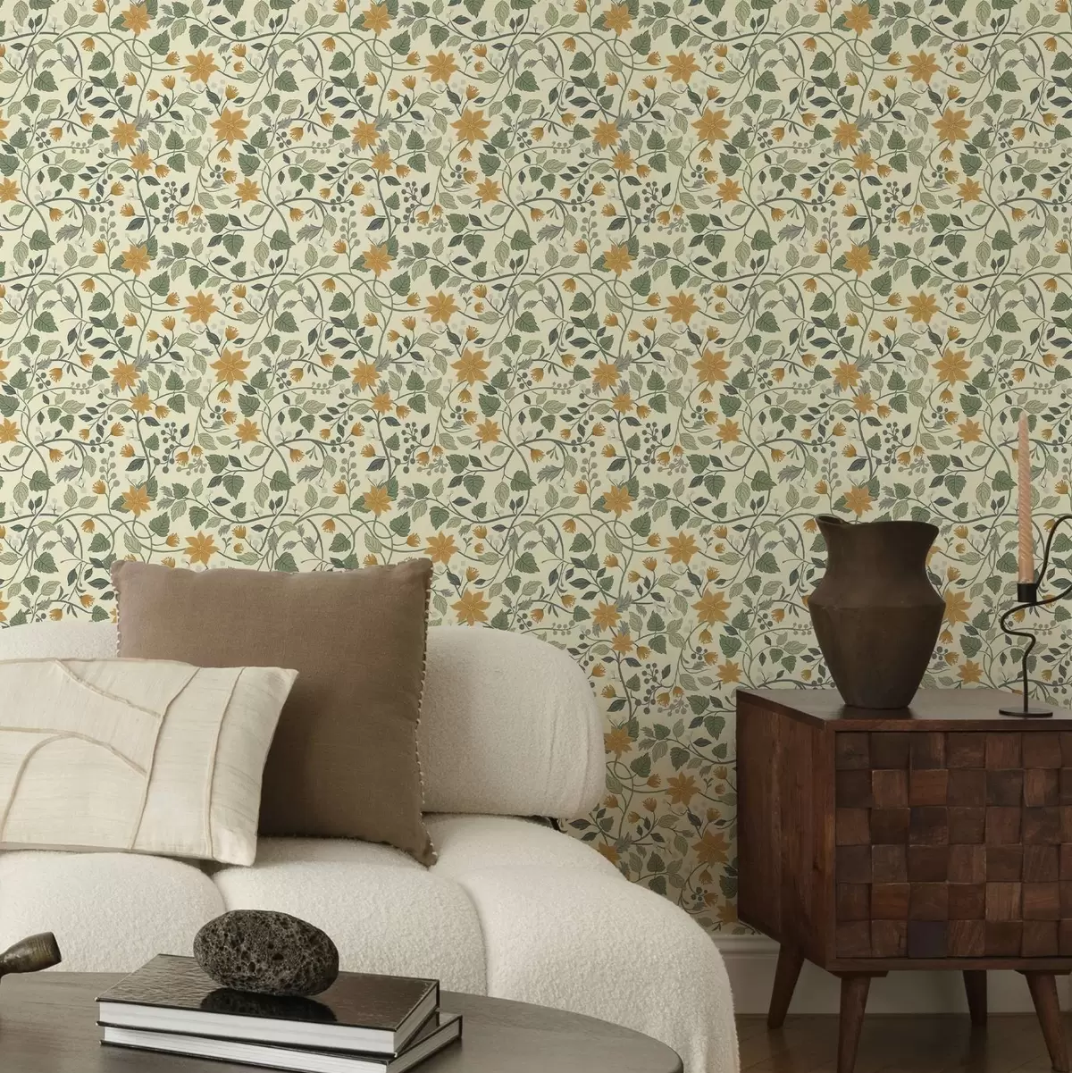 Tapety Šplhajúce sa kvetinové vetvy so žltými kvetmi a bobuľami a00750