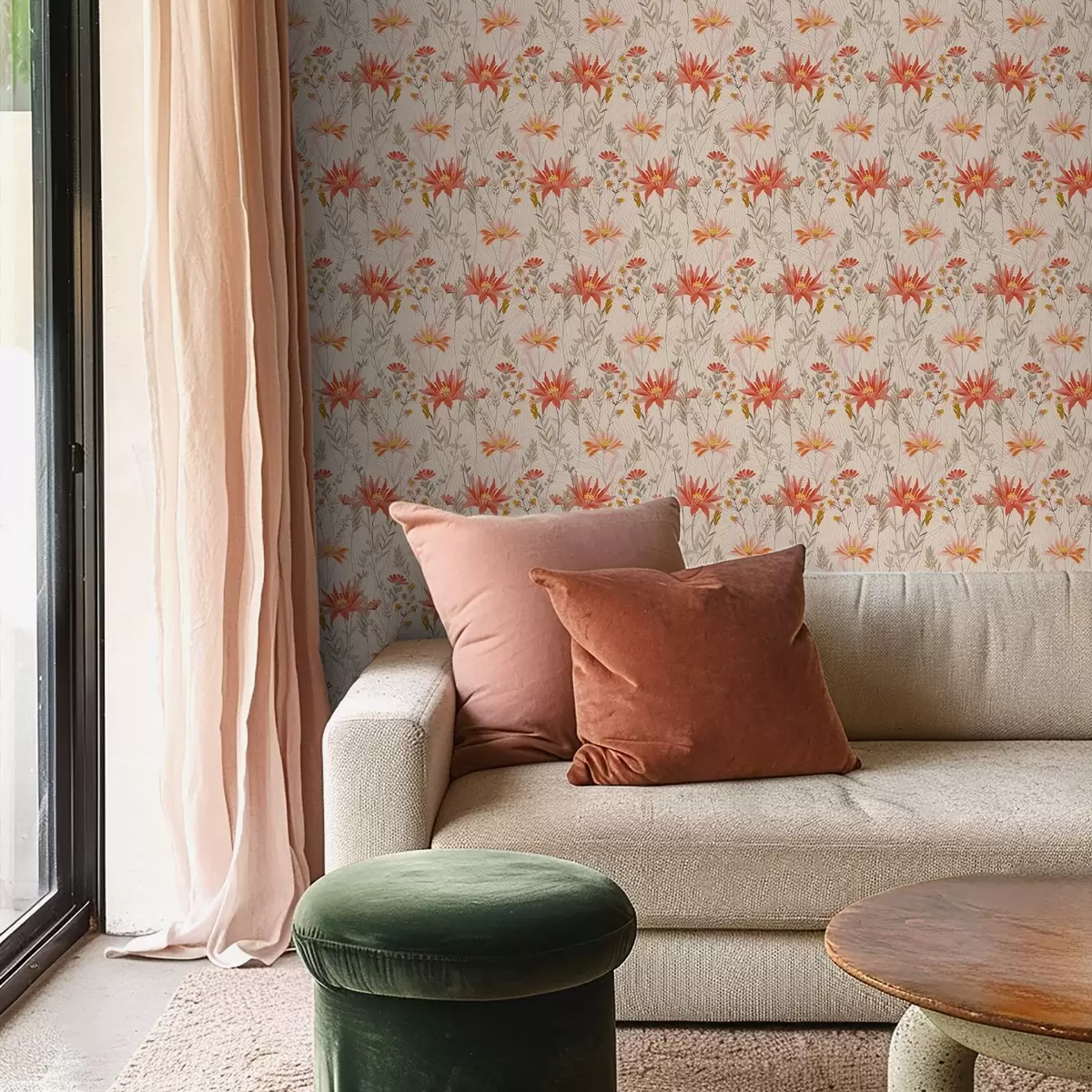 Tapety Divoké kvety v teplých tónoch na béžovom pozadí a00751