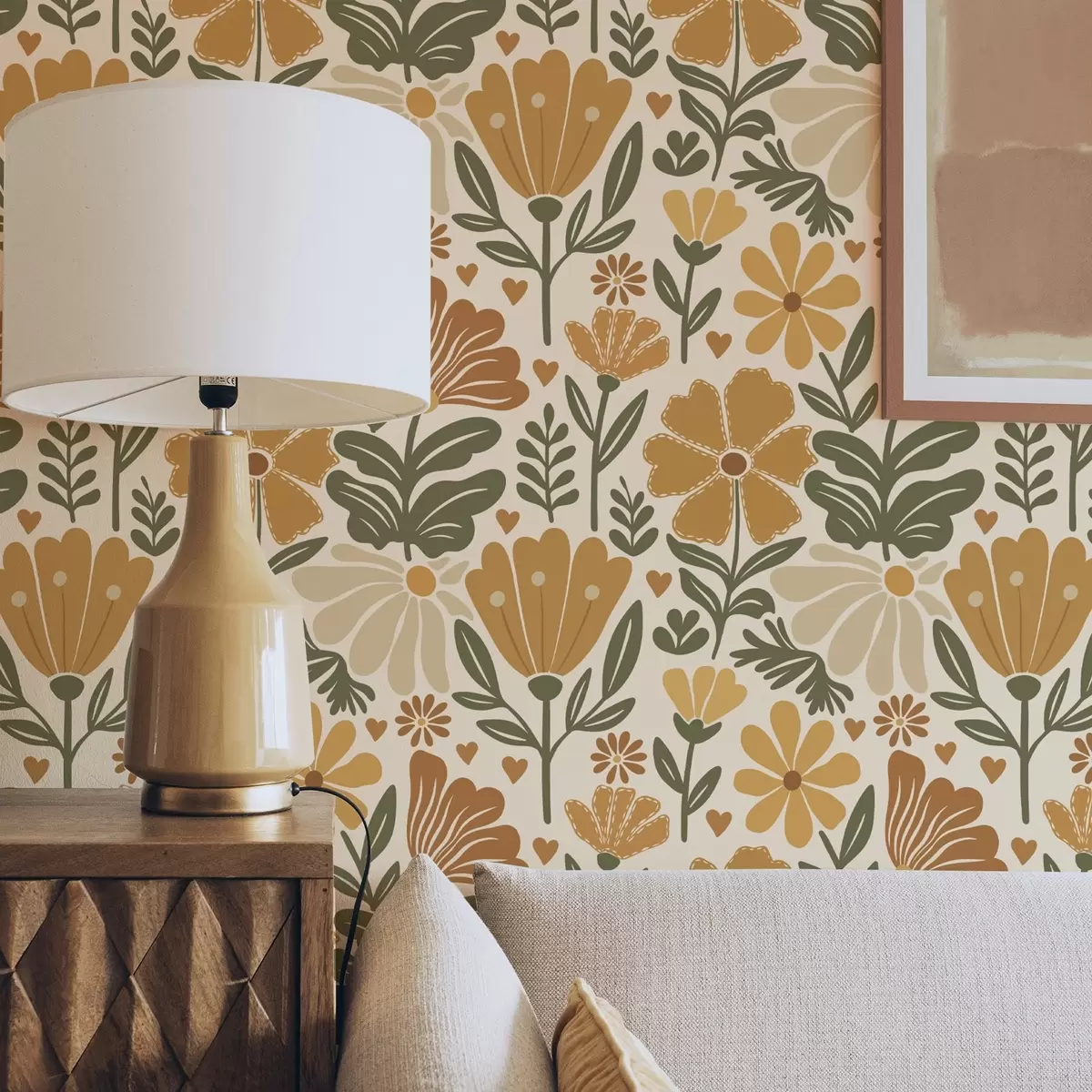 Tapety Štylizované kvety v teplých tónoch so srdcami a00752