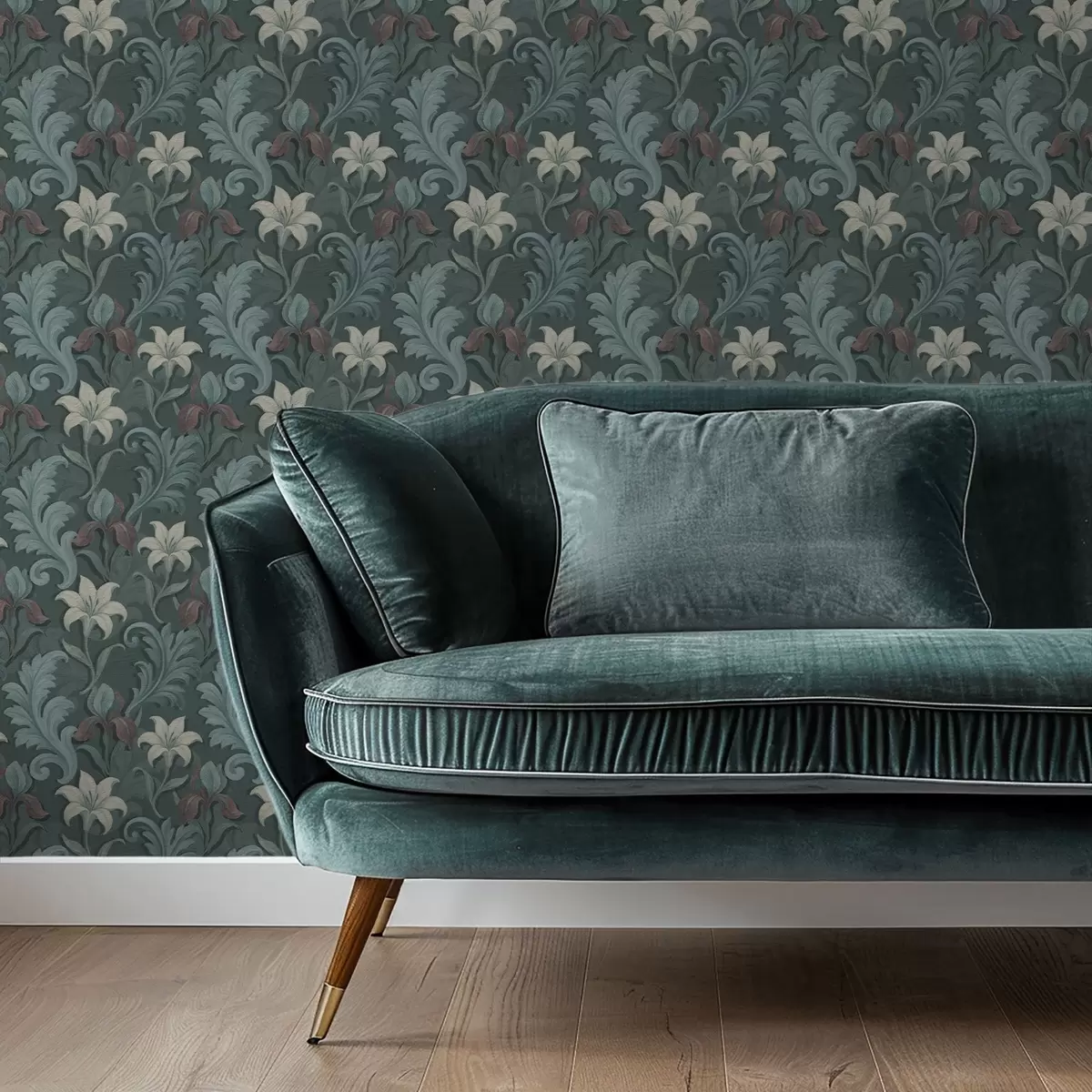 Tapety Tmavozelené pozadie s kosatcami a ozdobnými listami a00755