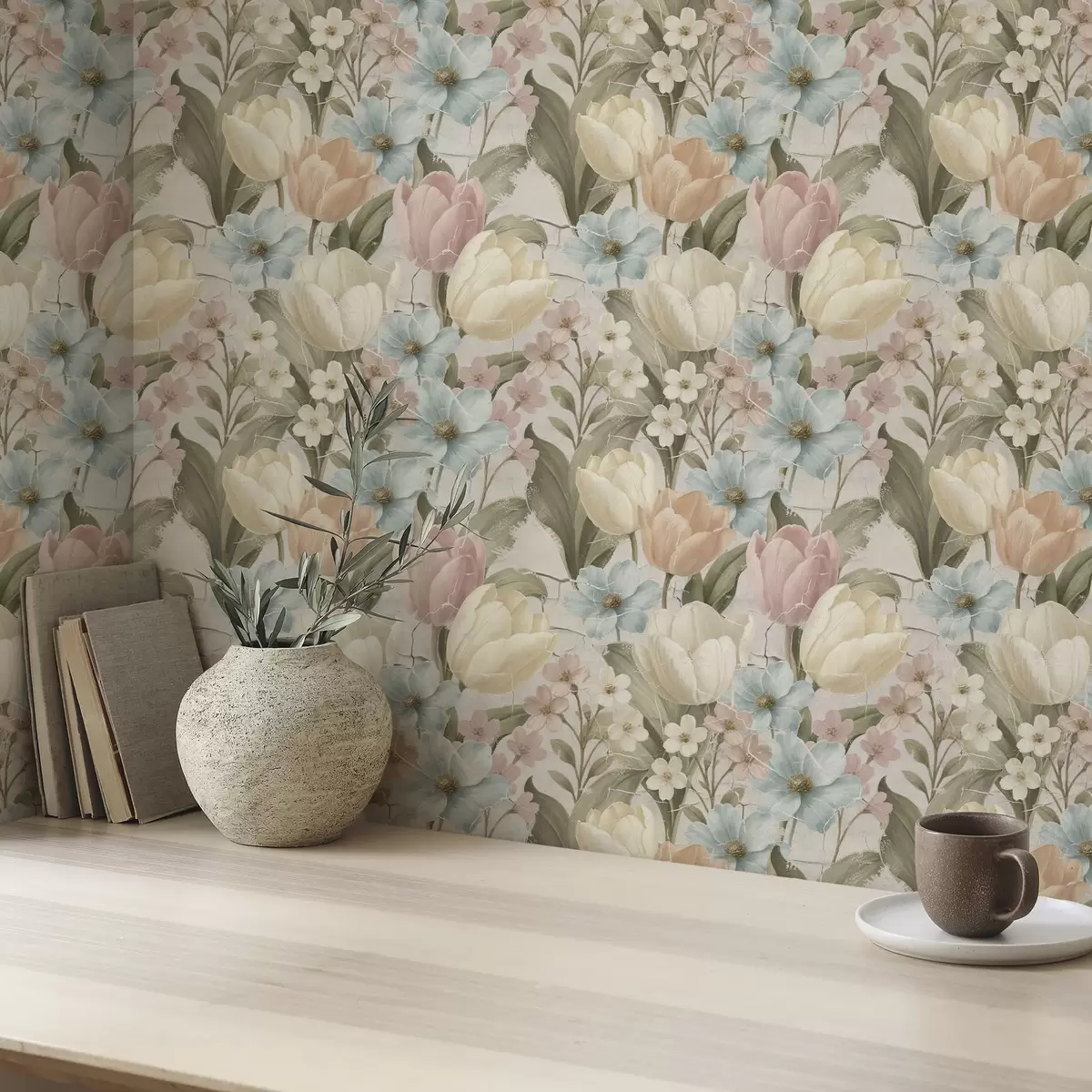 Tapety Pastelové tulipány a kvety na svetlom popraskanom pozadí a00756