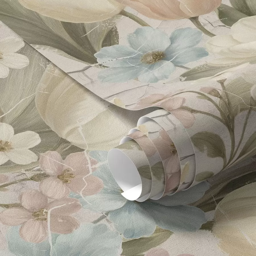 Fototapety Pastelové tulipány a kvety na svetlom popraskanom pozadí a00756