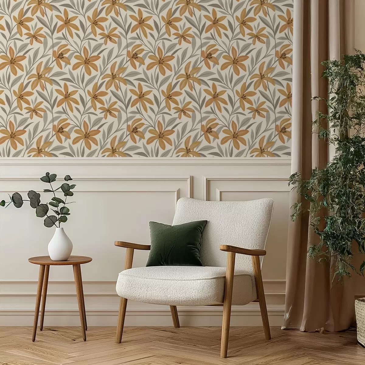 Tapety Žlté ľalie a šedozelené listy na svetlom pozadí a00757