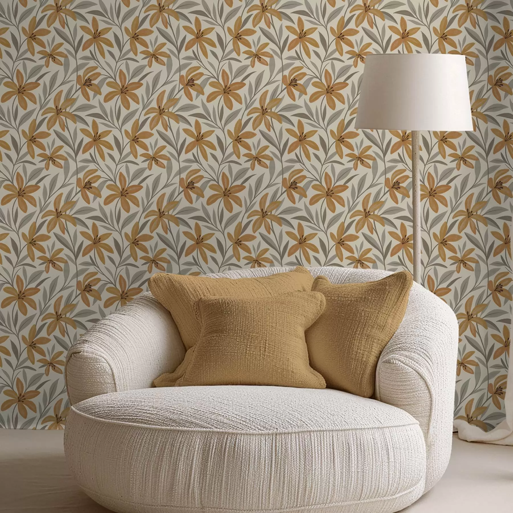 Fototapety Žlté ľalie a šedozelené listy na svetlom pozadí a00757